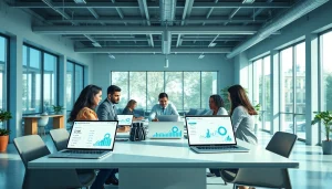 Email verification team collaborating in a modern office space with tech devices illustrating improved deliverability.