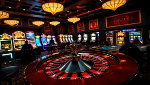 High-stakes gambling scene showcasing birutoto excitement with poker tables and roulette wheels.