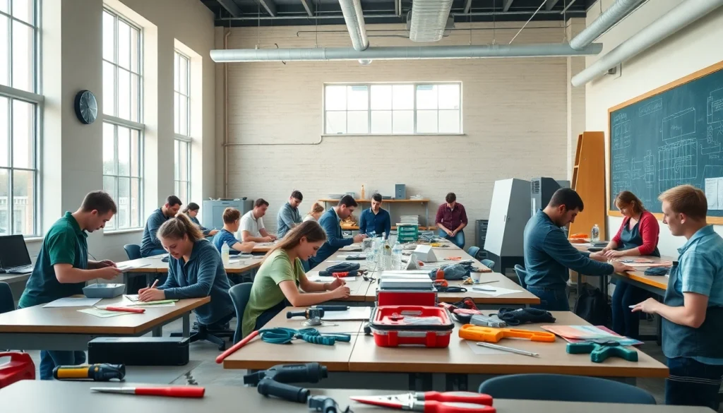 Engaged students at a Trade School Knoxville TN learning hands-on skills in a bright classroom.