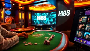 Players engaging at a Hi88 gaming table with chips and cards, showcasing gambling excitement.