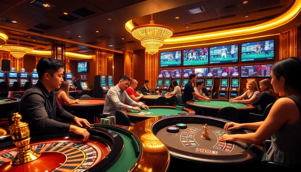 Players enjoying a thrilling experience at 789BET casino, surrounded by vibrant gaming tables and machines.