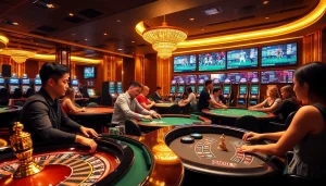 Players enjoying a thrilling experience at 789BET casino, surrounded by vibrant gaming tables and machines.