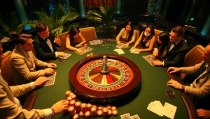 Nohu casino players enjoy a thrilling game at a vibrant roulette table with colorful chips.