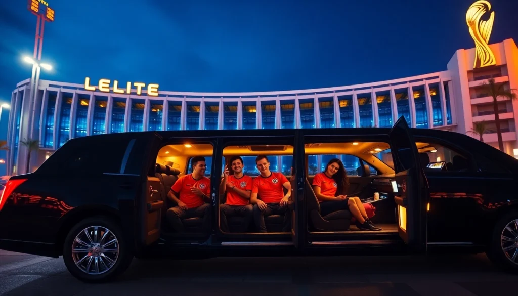 World Cup Group Transportation in a luxurious limousine with excited fans arriving at the stadium.