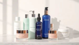 Visar de bästa hudvårdsprodukterna för 2025 med eleganta hudvårdsprodukter på en marmorskiva.