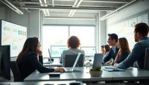 Engage with competitive intelligence strategies while a team collaborates in a modern workspace.