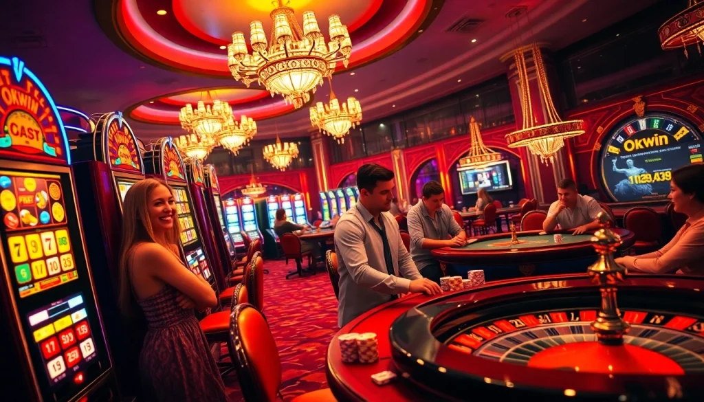 Experience thrilling gameplay at Okwin casino with vibrant slot machines and poker tables.