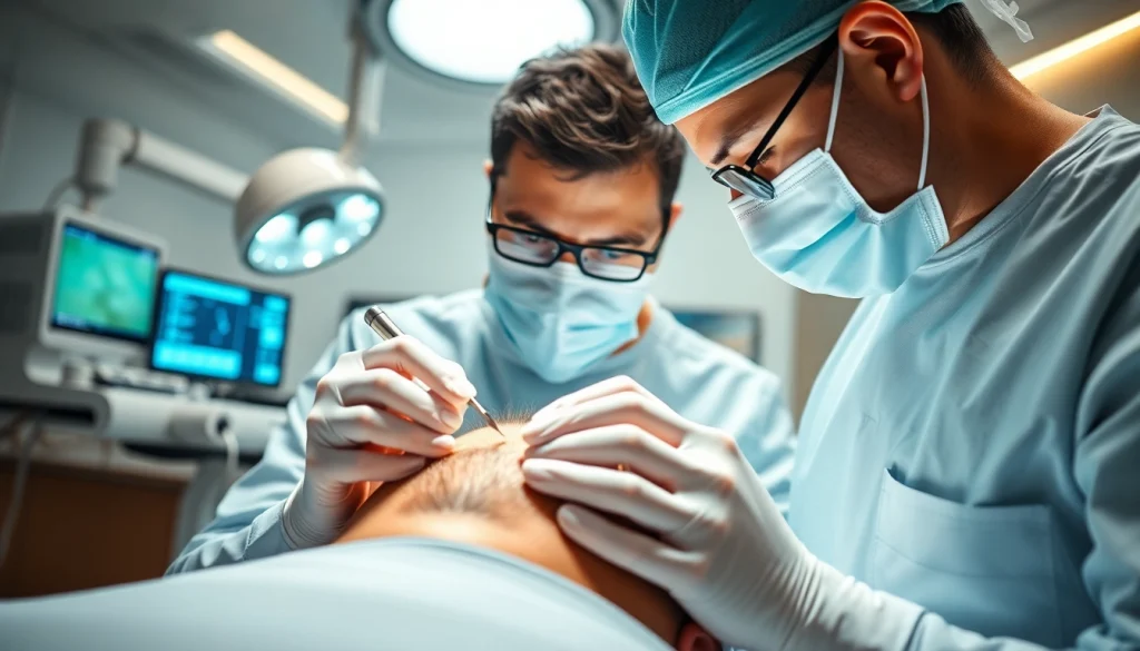 Experienced surgeon performing hair transplant in a clean, modern clinic setting.