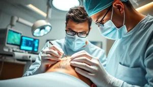 Experienced surgeon performing hair transplant in a clean, modern clinic setting.