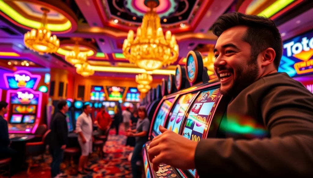 Toto slot machine in a lively casino setting with players celebrating wins and colorful decor.