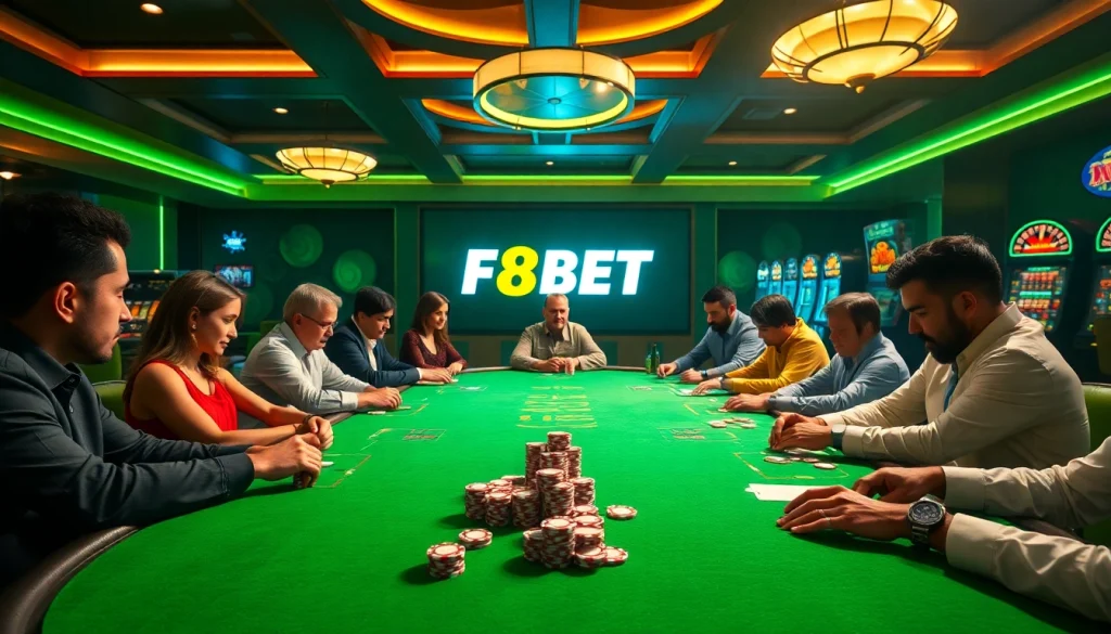 F8Bet players enjoy a vibrant poker game in a luxurious casino atmosphere.