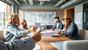 Engaging scene of construction advocacy carolinas professionals collaborating in a modern conference room.