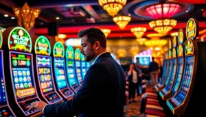 Gambler engaging with a vibrant Slot machine in a luxurious casino atmosphere.