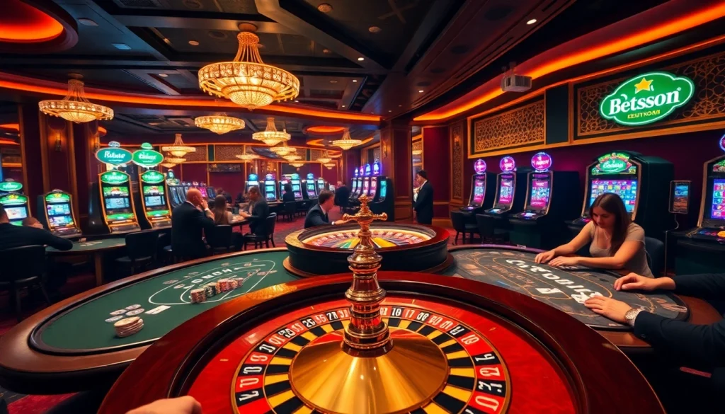 Betsson casino scene with excited players around a roulette wheel, showcasing thrill and luxury.