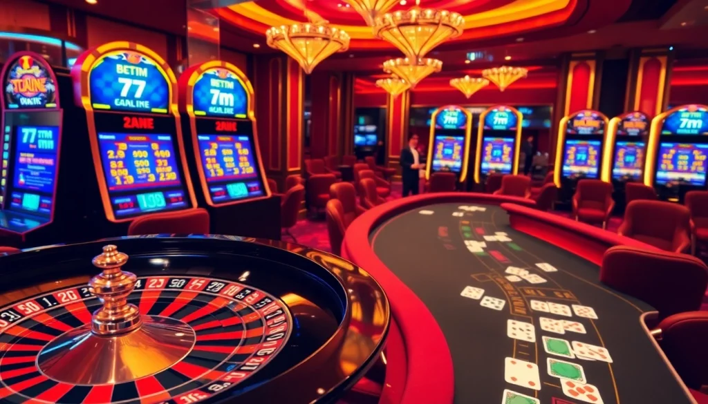 Experience thrilling gameplay with 7m odds at a vibrant casino scene showcasing roulette, blackjack, and slots.