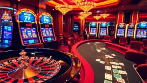 Experience thrilling gameplay with 7m odds at a vibrant casino scene showcasing roulette, blackjack, and slots.