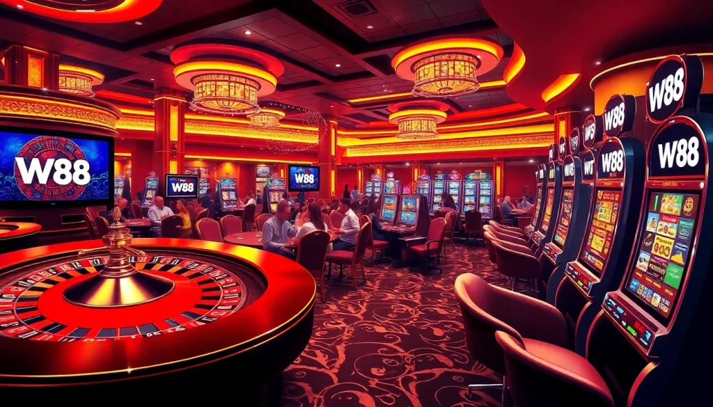 Trải nghiệm sự phấn khích của W88 với hình ảnh casino sống động có bánh xe roulette và các trò chơi poker.
