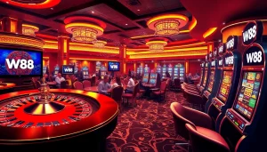 Trải nghiệm sự phấn khích của W88 với hình ảnh casino sống động có bánh xe roulette và các trò chơi poker.