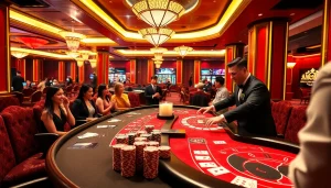 Experience the thrill of betting at nhà cái Jun88 with vibrant casino tables, enthusiastic players, and luxurious decor.