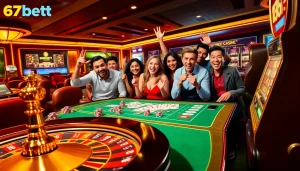 Players engaging with casino excitement at 67bet, featuring poker chips, a roulette wheel, and slot machines.