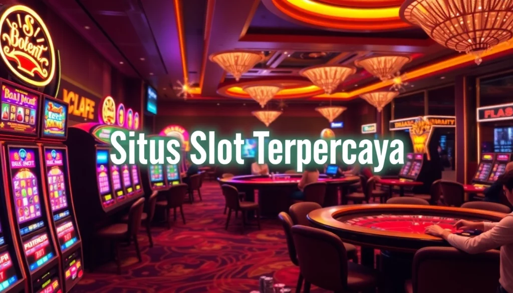 Situs Slot Terpercaya offers an immersive casino experience with colorful slot machines and gaming tables.
