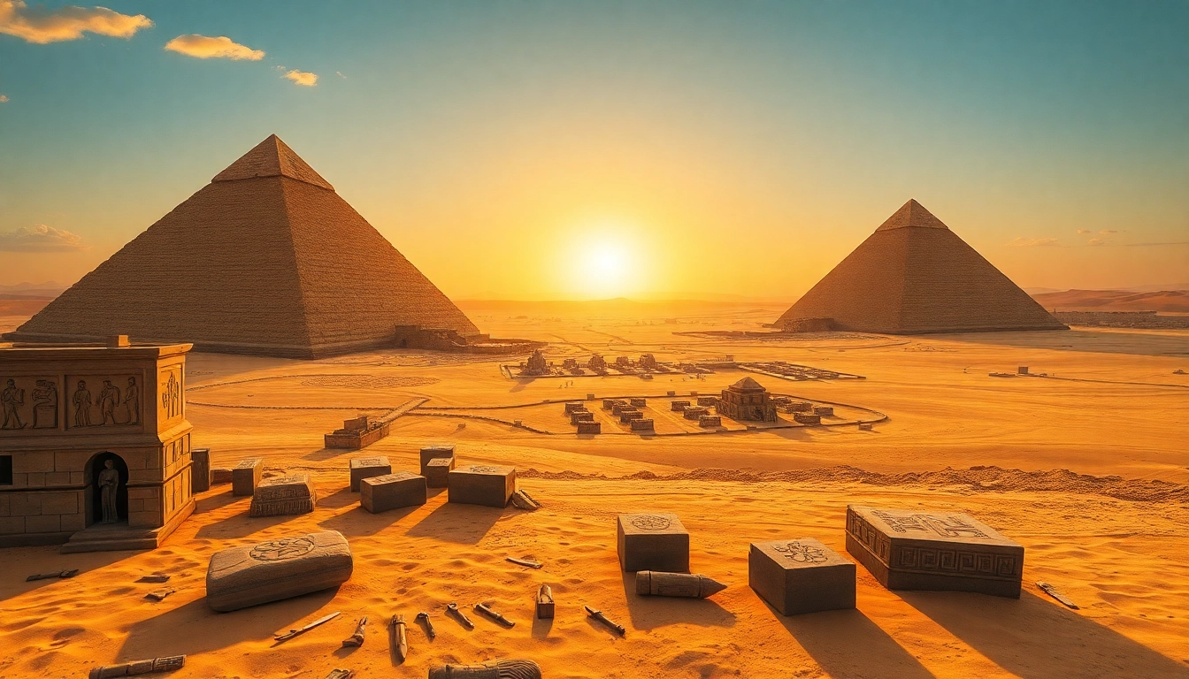 Explore the majestic piraminds set against a golden sunset over the desert landscape.