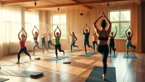 静かなスタジオで、さまざまな実践者がヨガに取り組むホットヨガの様子
