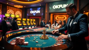 Experience thrilling gameplay at OKFUN casino with luxurious tables and vibrant lights.