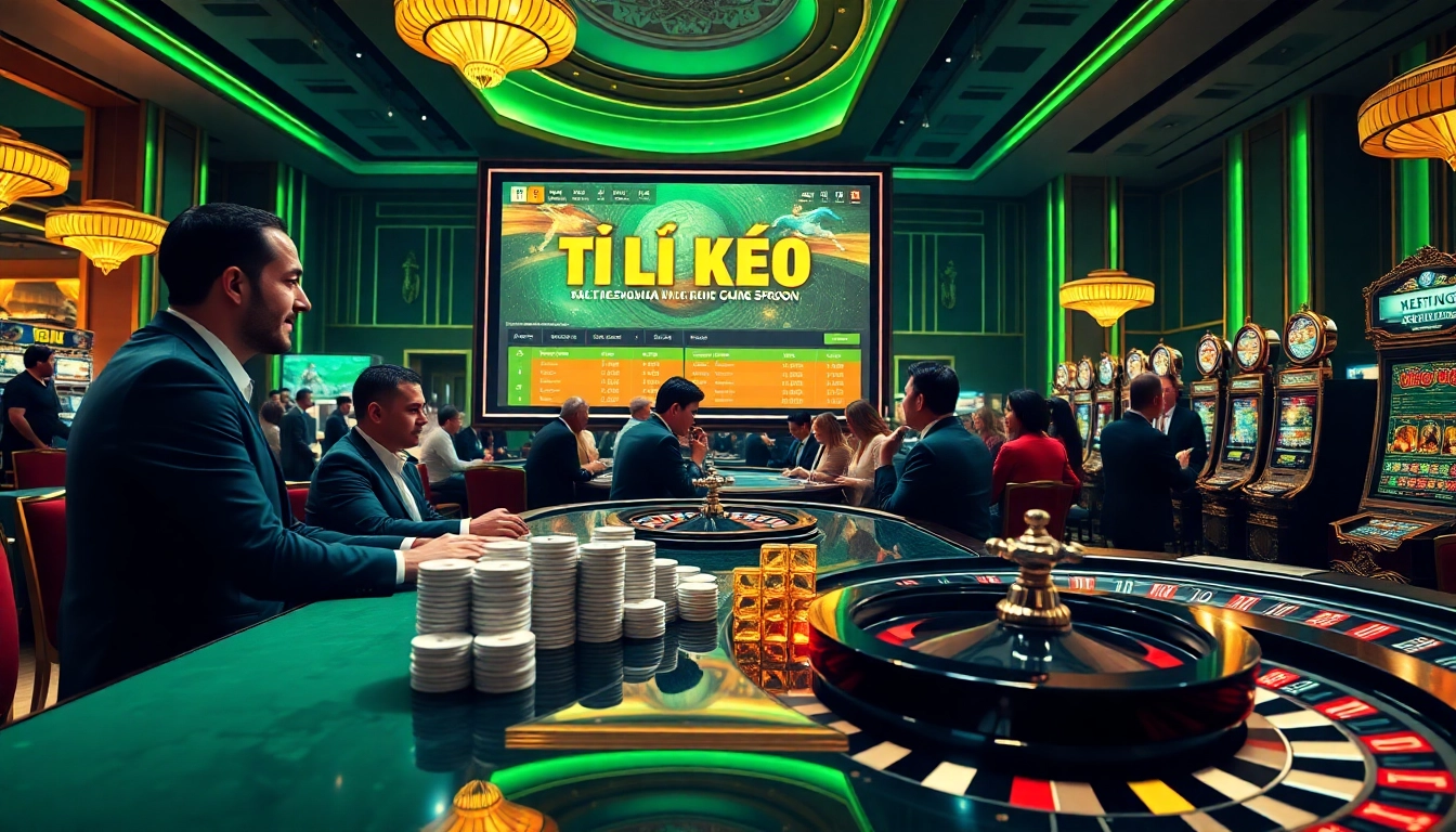 Tỷ lệ kèo displayed on a modern betting screen amidst a lively casino scene with engaged gamblers.