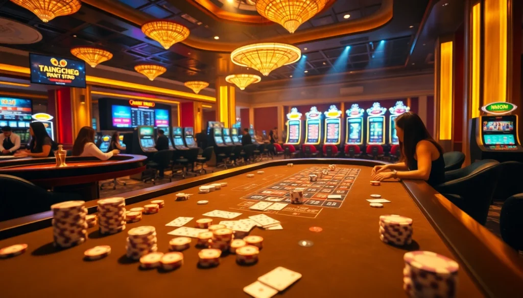 Engaging gamers at the luxurious casino scene featuring Trang chủ Haywin with vibrant tables and roulette wheels.