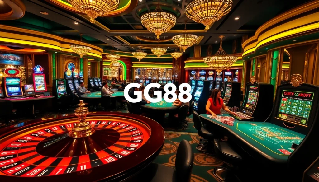 Exciting GG88 casino atmosphere with players at poker and roulette tables, vibrant colors and luxury.
