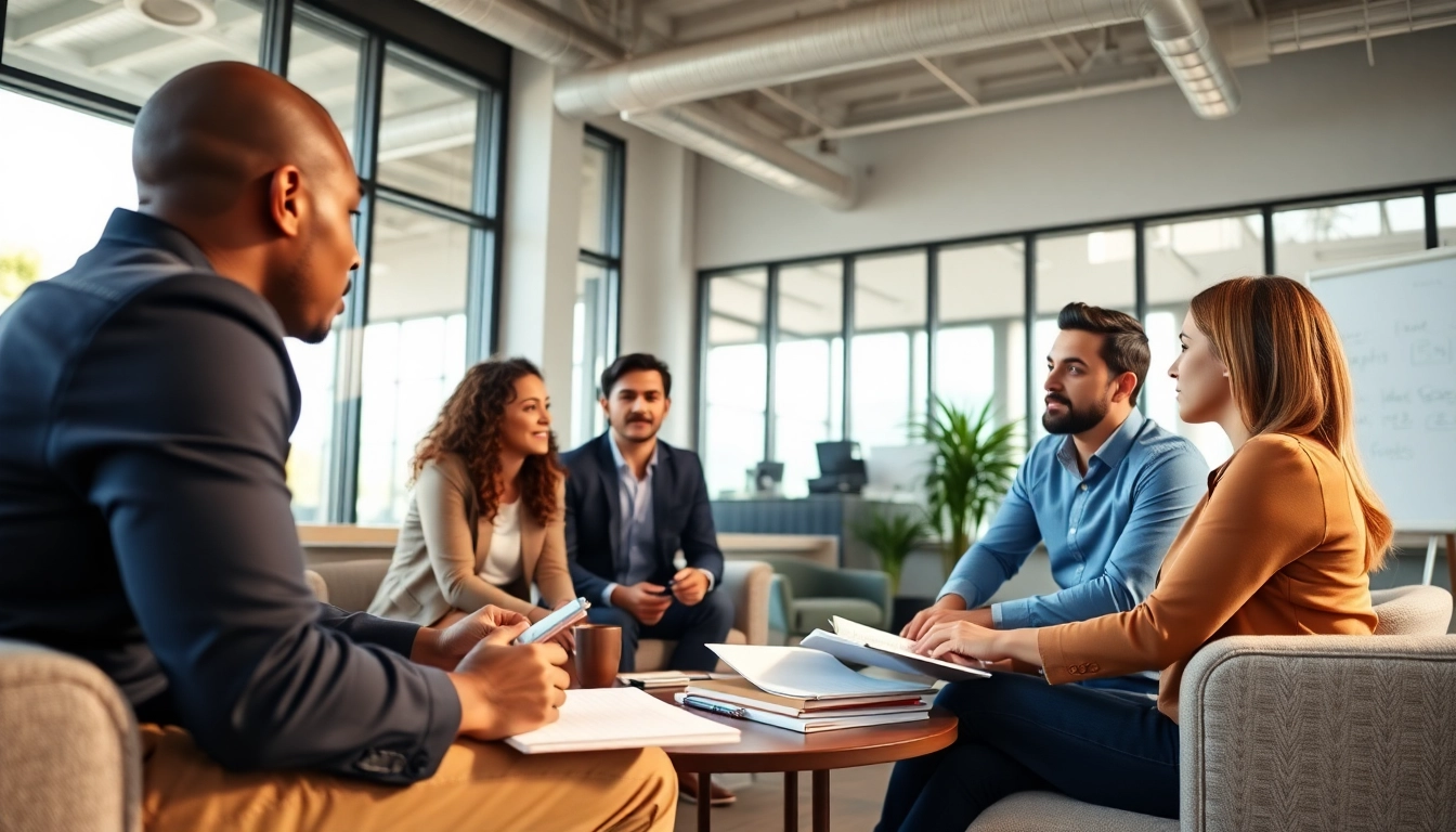 Team collaboration in a business coaching service session, showcasing diverse entrepreneurs sharing insights.
