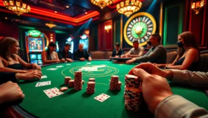 Players engaged in an exciting blackjack game with 7upbet poker chips and cards on a vibrant casino table.