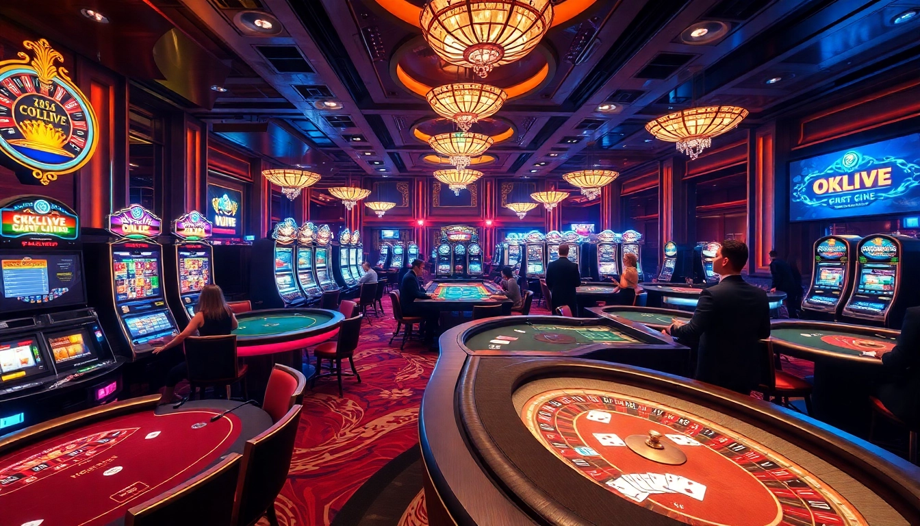 Engaging casino action featuring a live stream interface of OKLIVE amidst vibrant slot machines and card games.