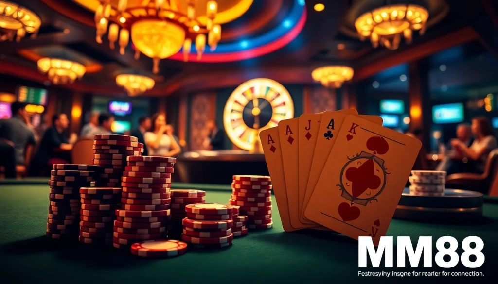 MM88 poker chips stacked on a vibrant casino table, illustrating high-stakes gaming excitement.