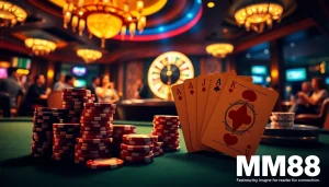 MM88 poker chips stacked on a vibrant casino table, illustrating high-stakes gaming excitement.