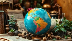 Curiosidades sobre o mundo ilustradas com um globo vibrante e artefatos culturais.