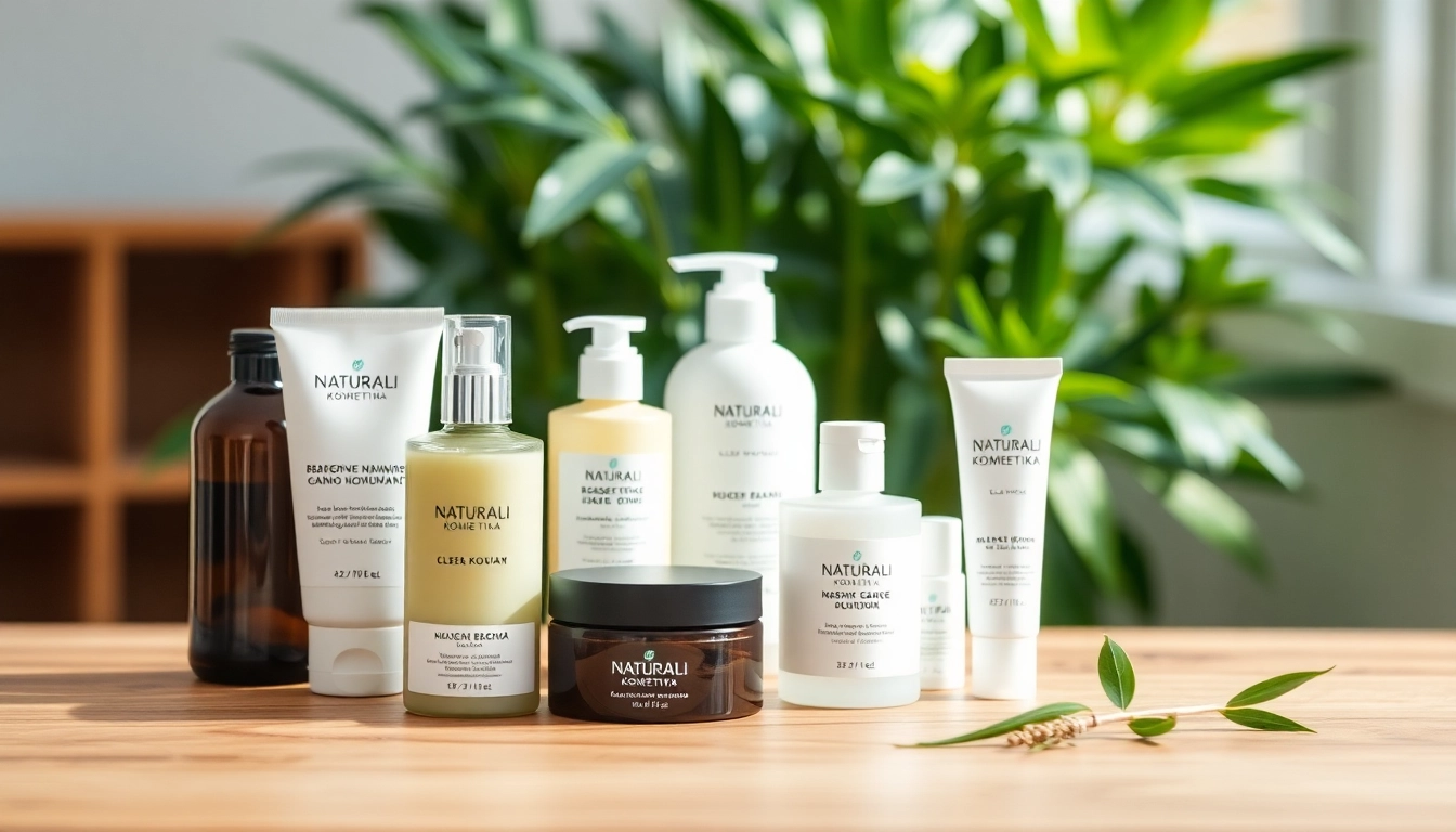 Patrauklios Naturali kosmetika priemonės išdėstytos ant medinės lentos.