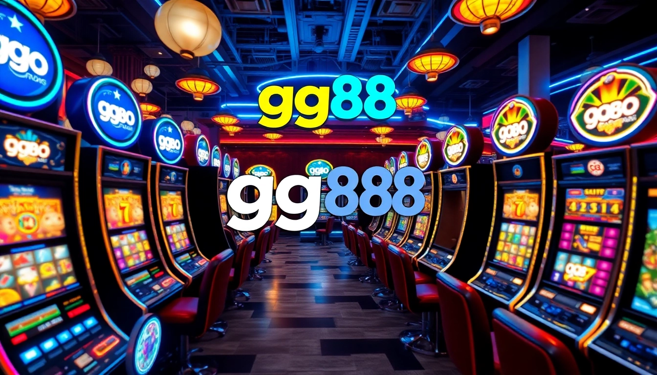 High-energy gaming scene featuring gg88 logo and vibrant slot machines