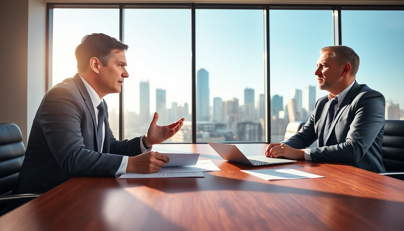 Engaged eminent domain lawyer presents legal options to a client in a modern office.