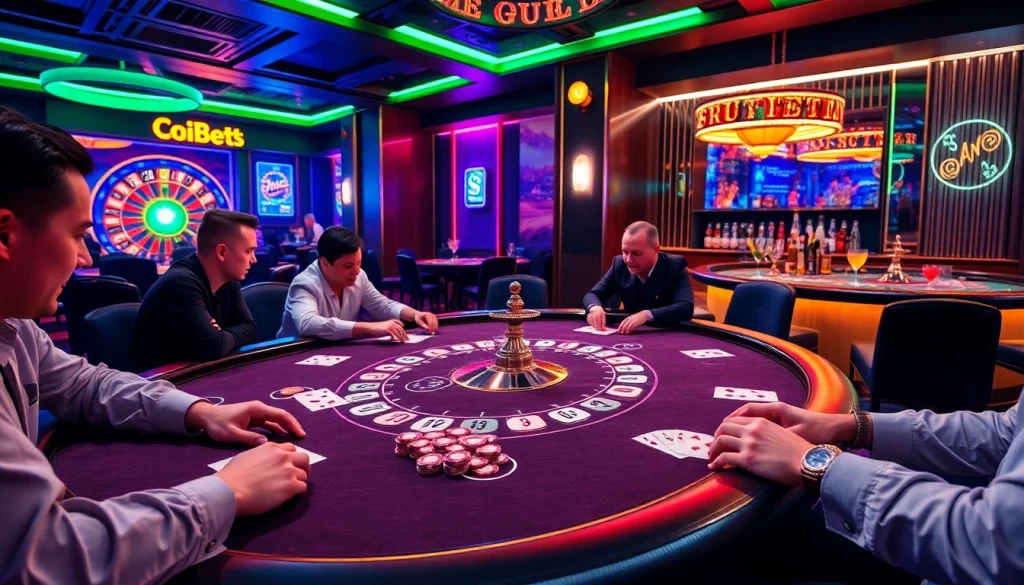 Players enjoy thrilling poker games at SOIBET's vibrant casino tables, showcasing excitement and professionalism.