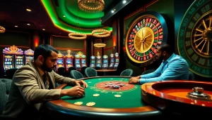 Engaged players strategize at the k9k9 casino poker table, surrounded by vivid slot machines and a spinning roulette wheel.