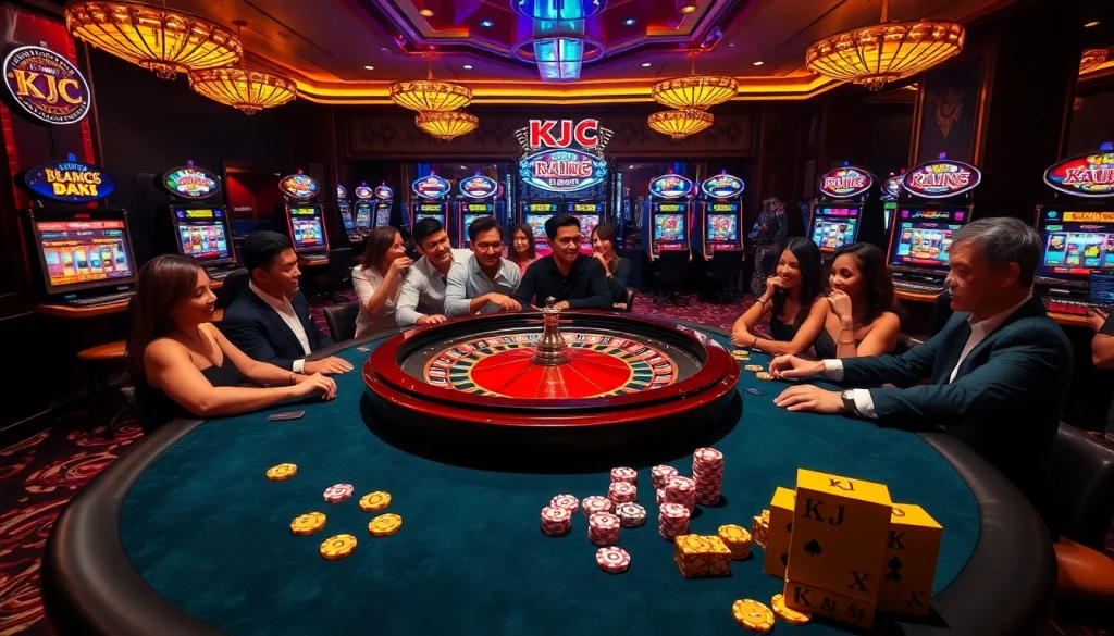 Players enjoying exciting games at the KJC casino, featuring roulette and vibrant slot machines.
