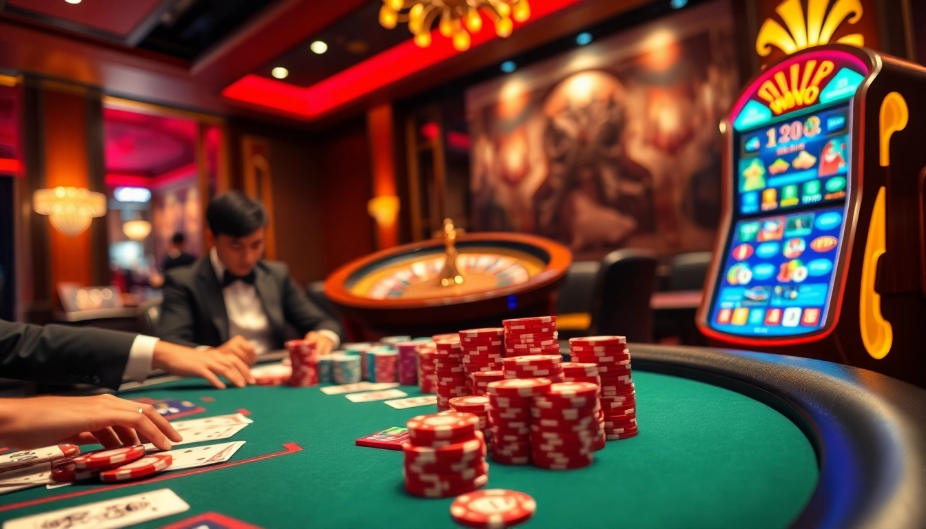 Experience the excitement at https://fly88.deal/ with a vibrant casino scene featuring poker and roulette tables.