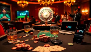 High-stakes poker action at KP88 casino, featuring vibrant chips and illuminated cards.