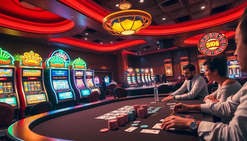 Experience the thrill of idnslot with vibrant slot machines and an engaging roulette wheel.