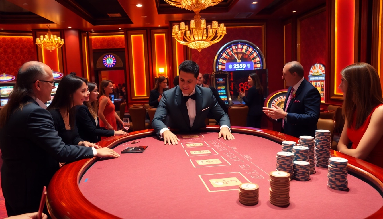Experience the thrill at LC88 Casino with energetic players enjoying blackjack and roulette.