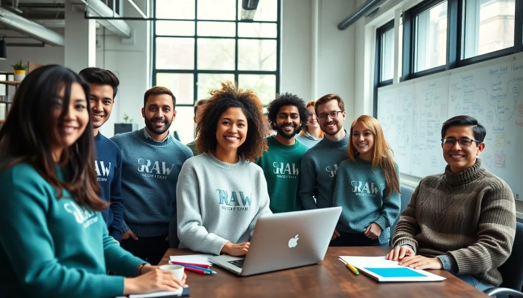 Džemperiai su spauda modernioje biuro aplinkoje, demonstruojantys personalizuotus dizainus ir bendradarbiavimo dvasią.