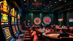 A vibrant casino atmosphere showcasing slot machines and poker tables themed with Bdtk3 Com.