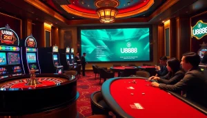 Experience the excitement of U 888 at a luxurious casino setting with roulette, slots, and poker tables.